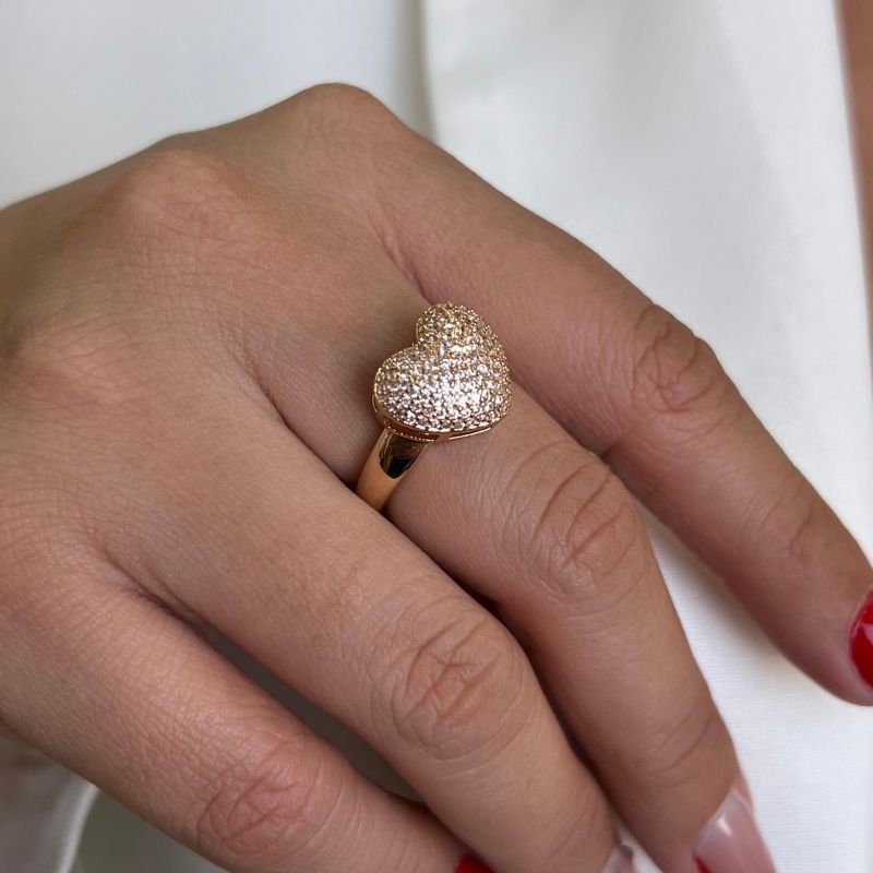 Anel Coração Cravejado Biju Fina Dourado/Ródio