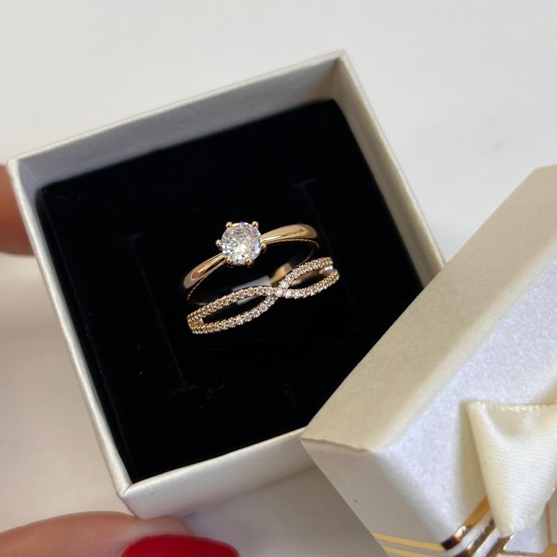 Anel + Solitário Biju Fina Dourado/Ródio