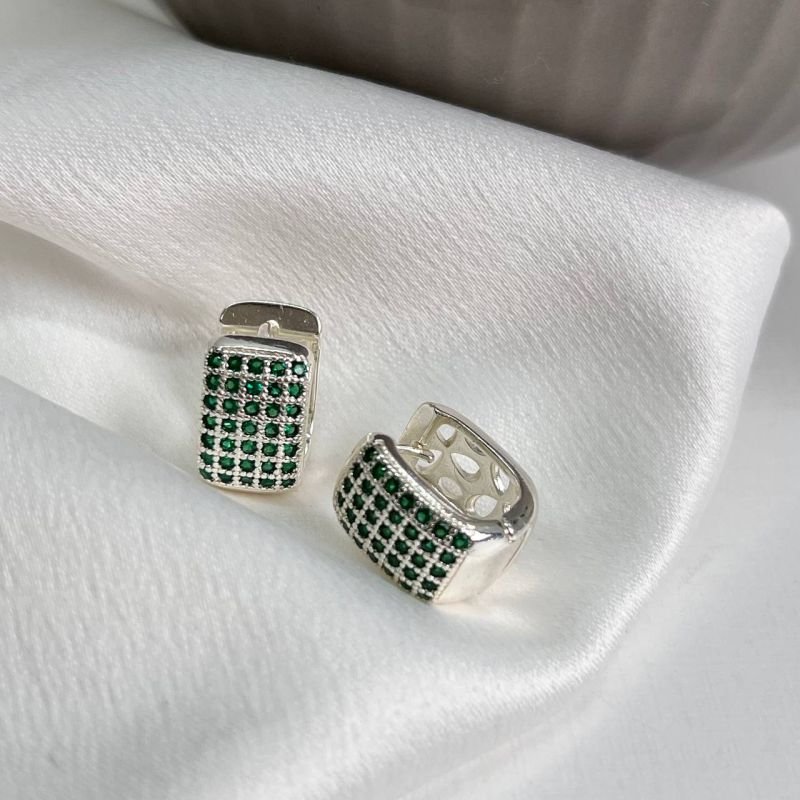 Brinco Argola Quadrada Verde Cravejado Banho Ouro 18k/Prata 925