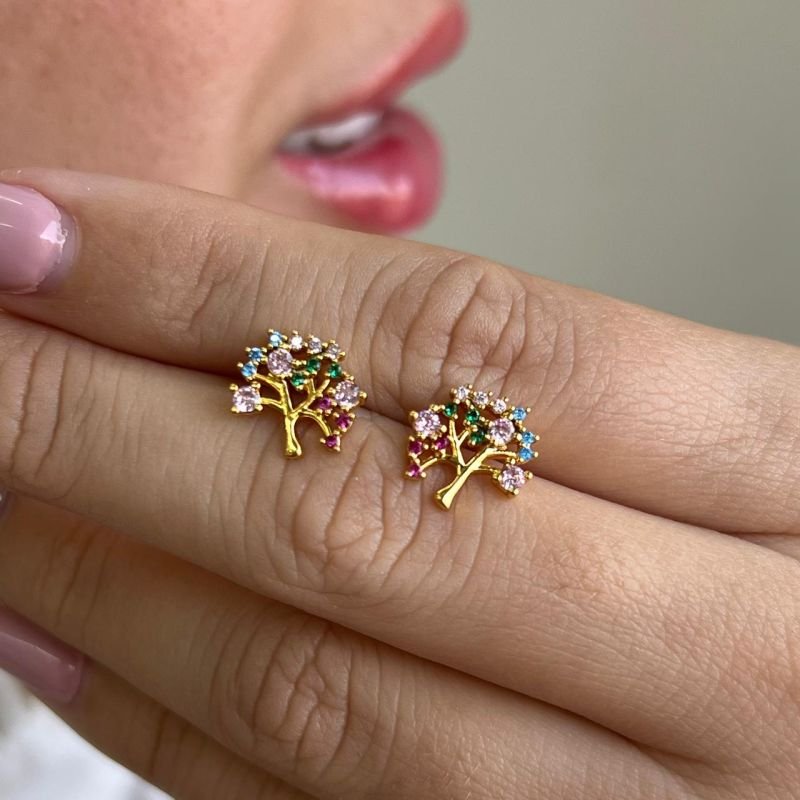 Brinco Árvore da Vida Multicolor P Banho Ouro 18k/Prata 925