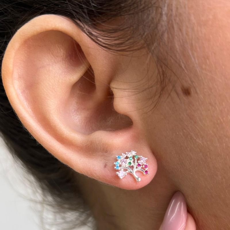 Brinco Árvore da Vida Multicolor P Banho Ouro 18k/Prata 925