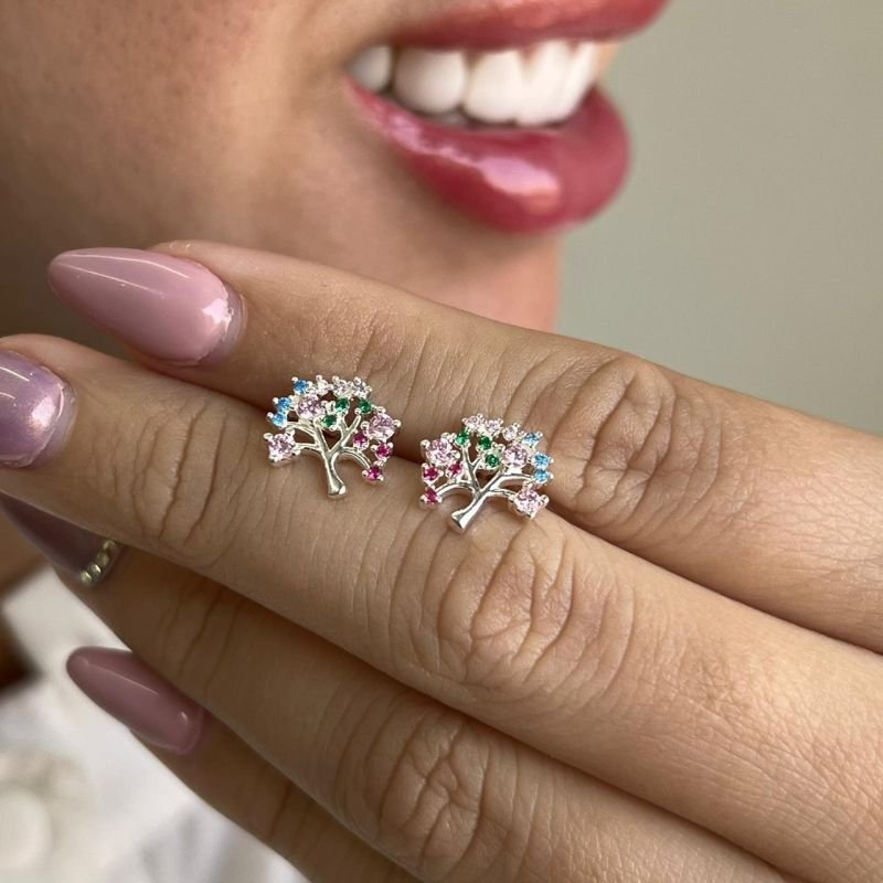 Brinco Árvore da Vida Multicolor P Banho Ouro 18k/Prata 925