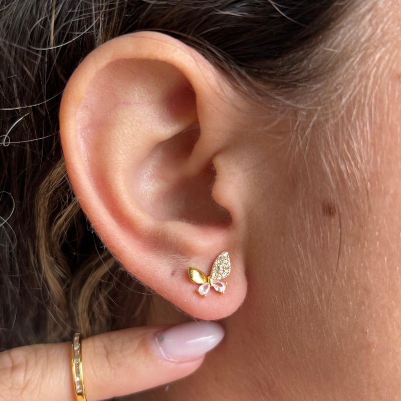 Brinco Borboleta Cravejada Banho Ouro 18k