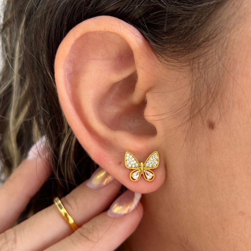 Brinco Borboleta Cravejada Banho Ouro 18k