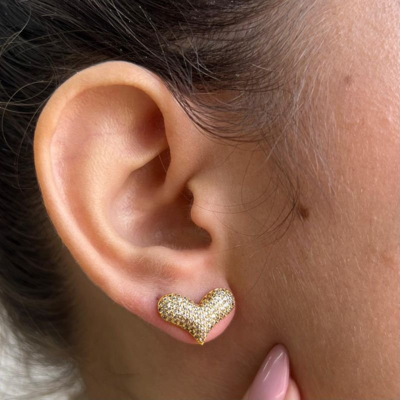 Brinco Coração Cravejado Banho Ouro 18k/Prata 925