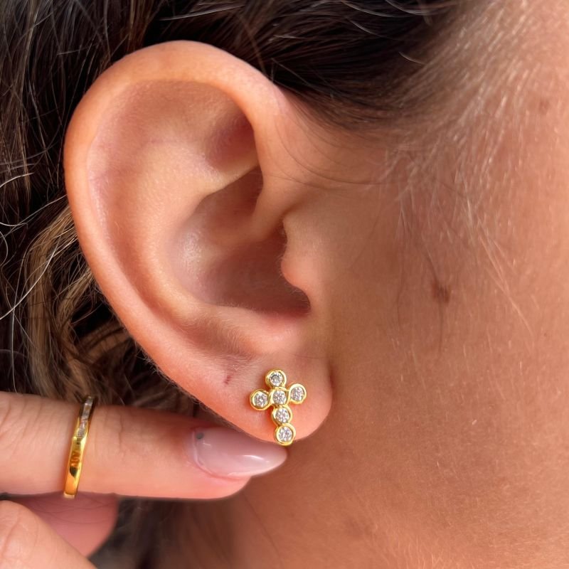 Brinco Cruz Banho Ouro 18k/Prata 925