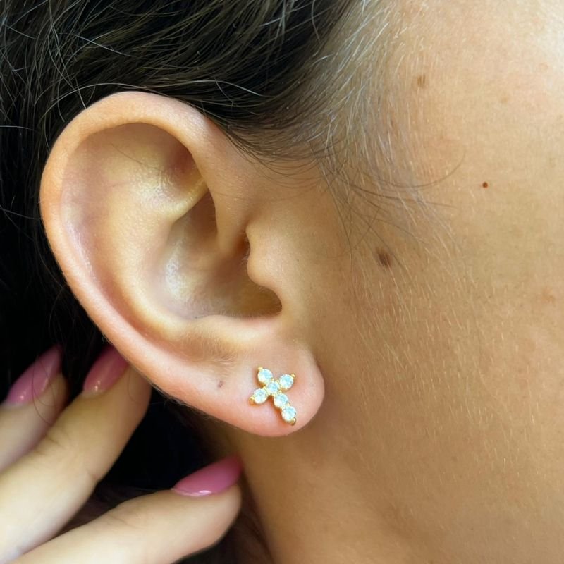 Brinco Cruz Banho Ouro 18k/Prata 925