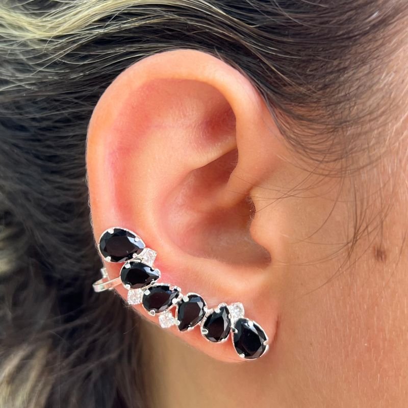 Brinco Ear Cuff Gota De Zircônia Preta Banho Ouro18k/Prata 925