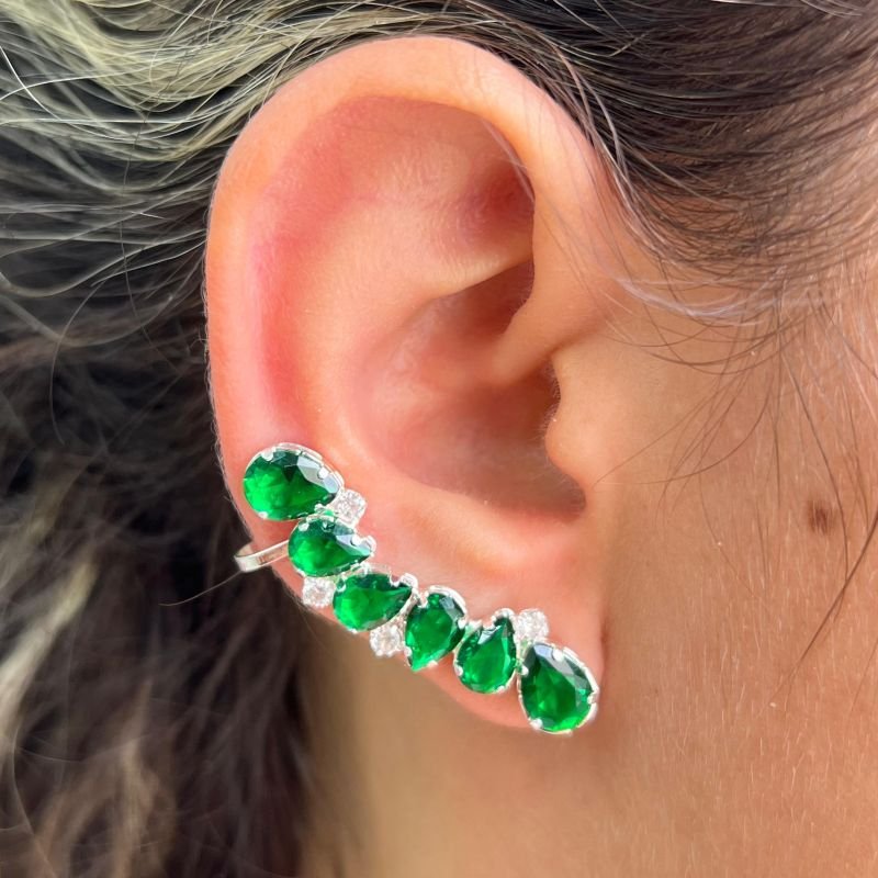 Brinco Ear Cuff Gota De Zircônia Verde Banho Ouro18k/Prata 925