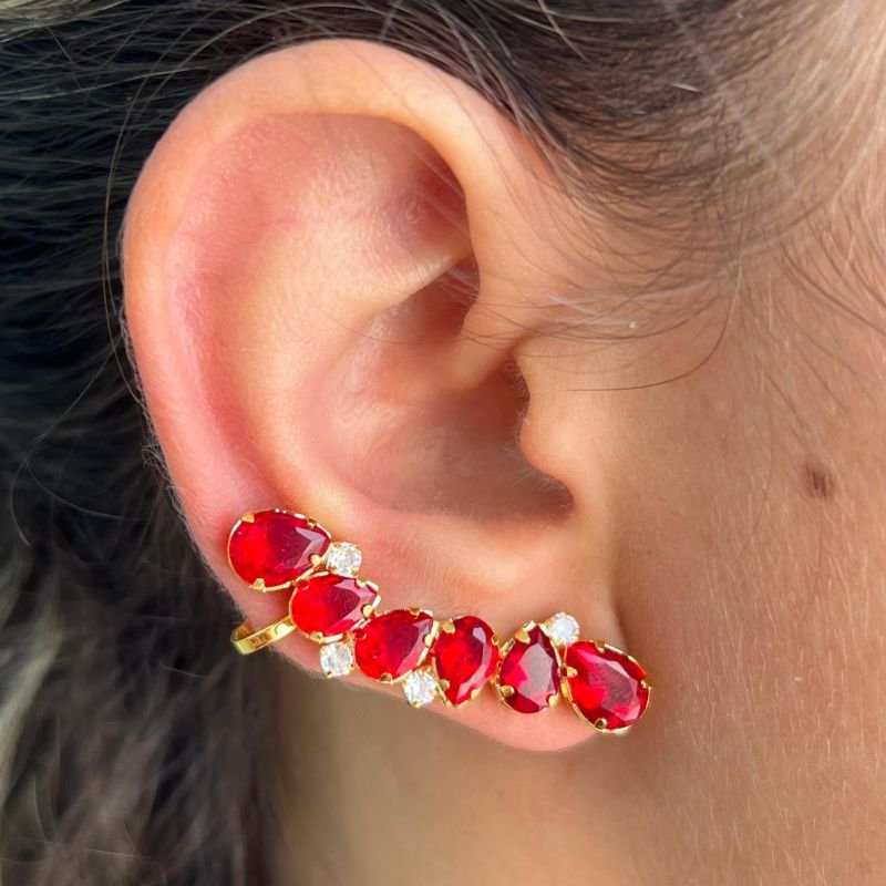 Brinco Ear Cuff Gota De Zircônia Vermelha Banho Ouro 18k
