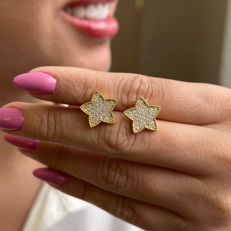 Brinco Estrela Cravejada Banho Ouro 18k/Prata 925