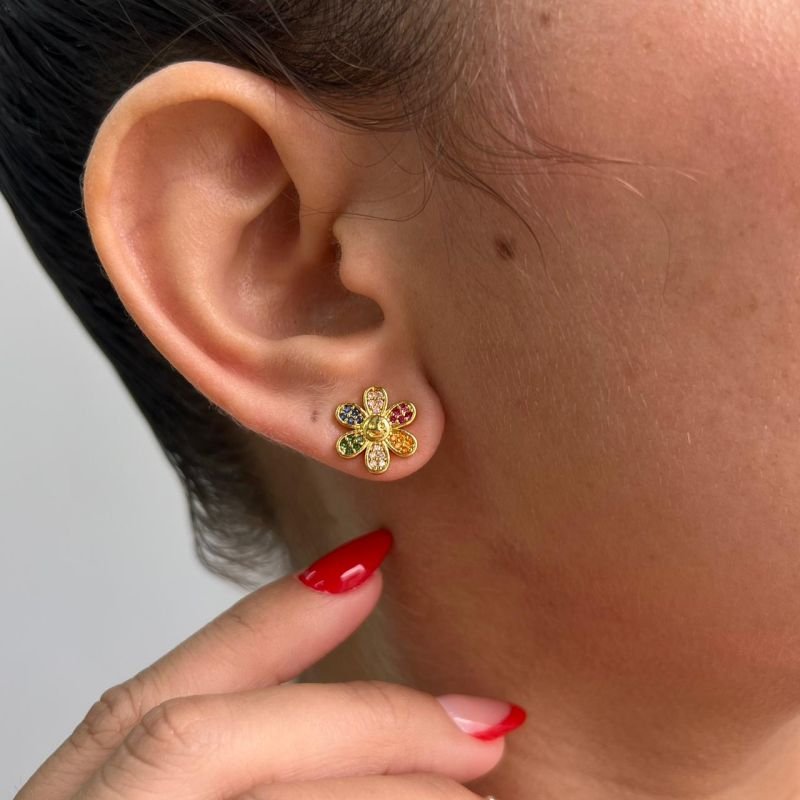 Brinco Flor Cravejada Multicolor Biju Fina Dourado/Ródio