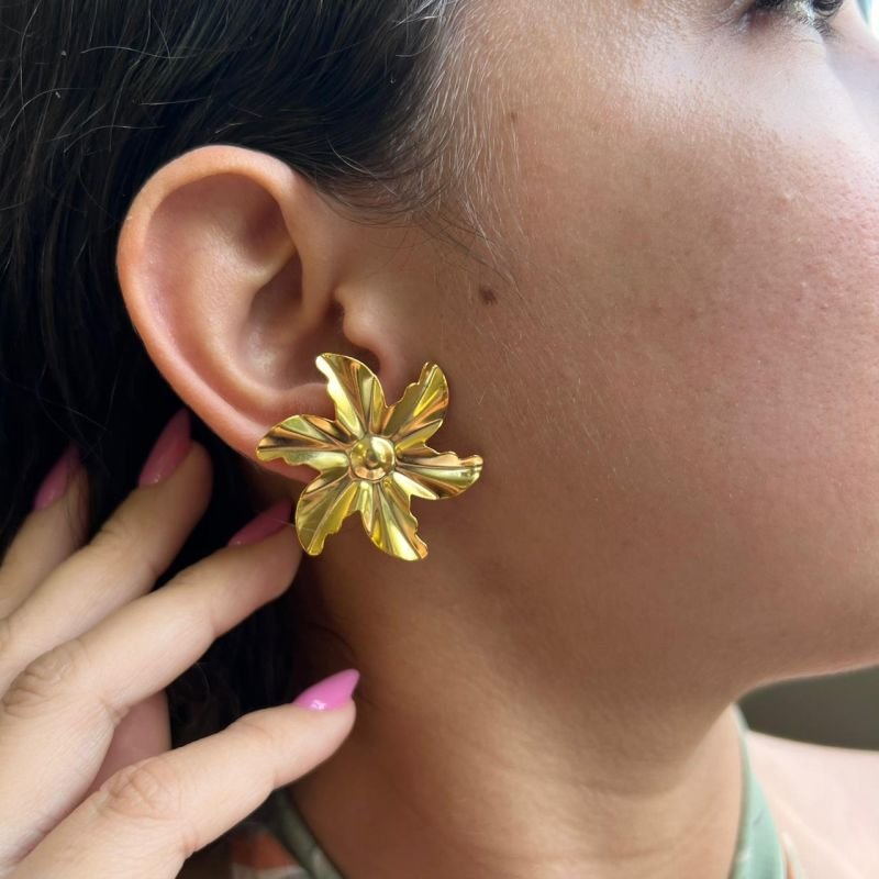 Brinco Flor Orgânico Banho Ouro 18k/Prata 925