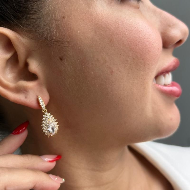 Brinco Pedraria Biju Fina Dourado/Ródio