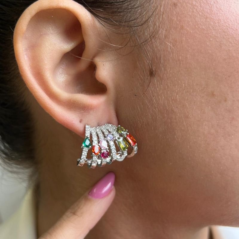 Brinco Pedraria Biju Fina Multicor Dourado/Ródio