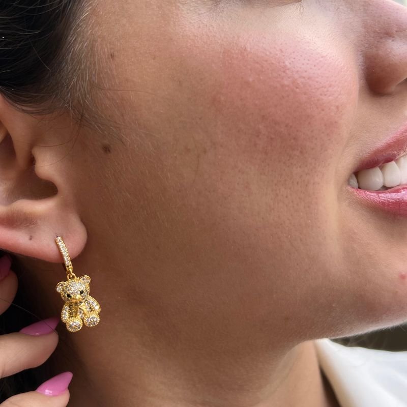Brinco Pingente Urso Cravejado Banho Ouro 18k/Prata 925
