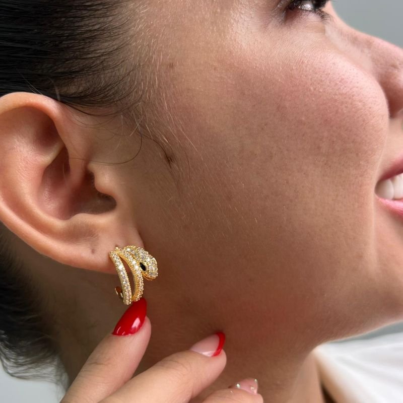 Brinco Serpente Olhos Preto Biju Fina Dourado/Ródio