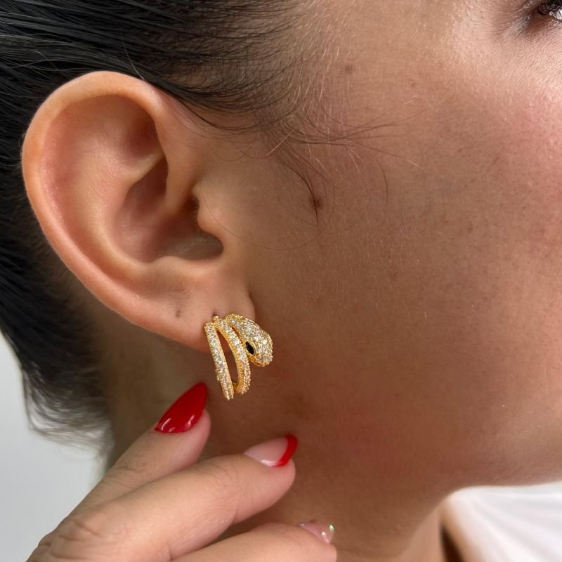 Brinco Serpente Olhos Verde Biju Fina Dourado/Ródio