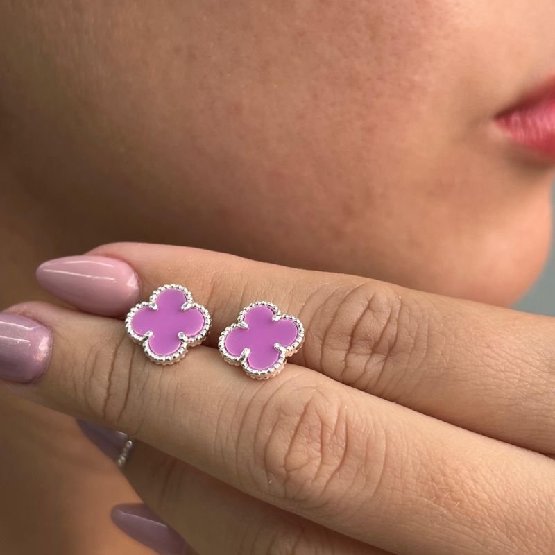 Brinco Trevo Resinado Roxo Banho Ouro 18k/Prata 925