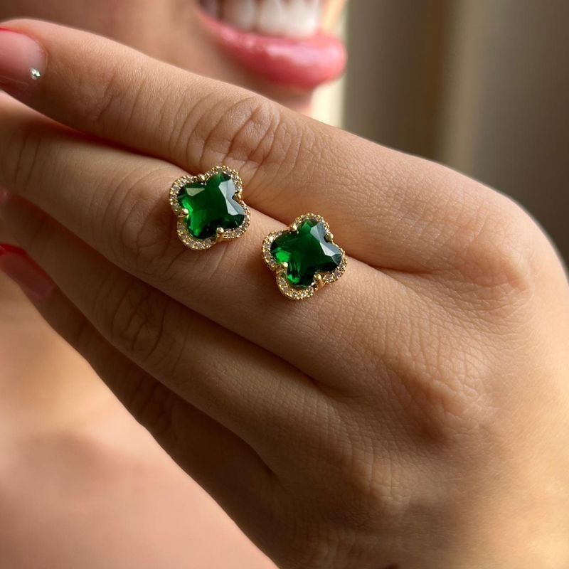 Brinco Trevo Verde Biju Fina Dourado/Ródio