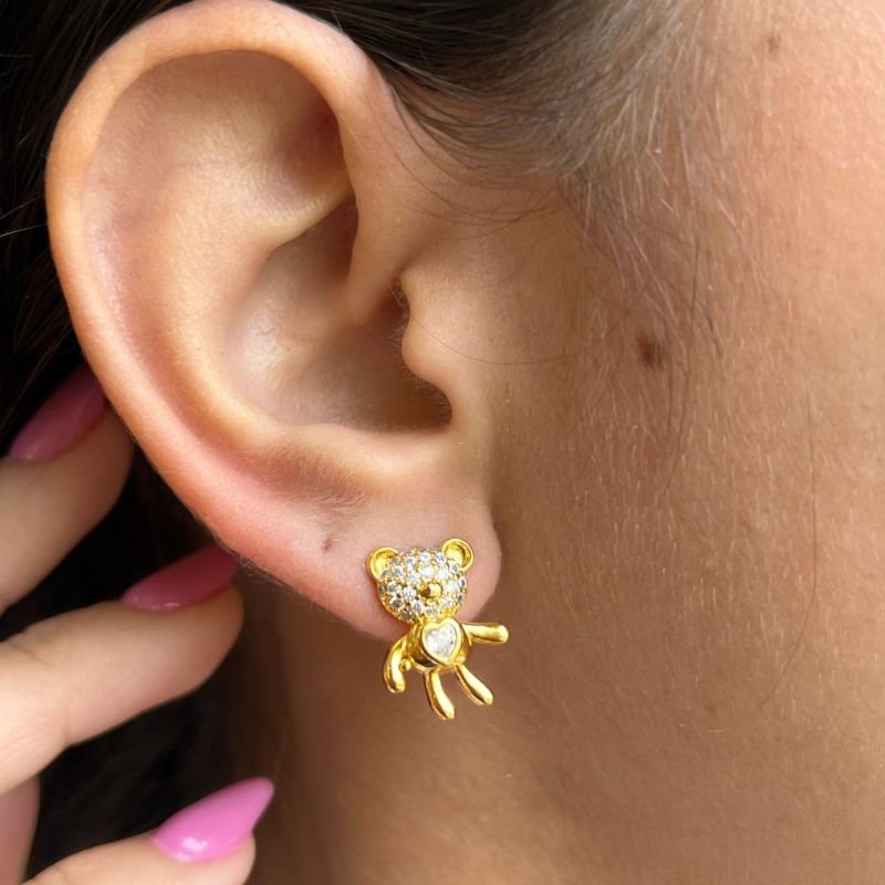Brinco Urso Cravejado Banho Ouro 18k/Prata 925
