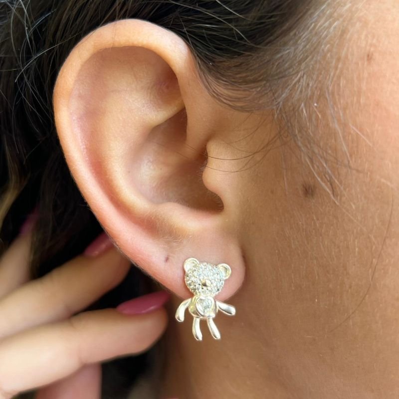 Brinco Urso Cravejado Banho Ouro 18k/Prata 925