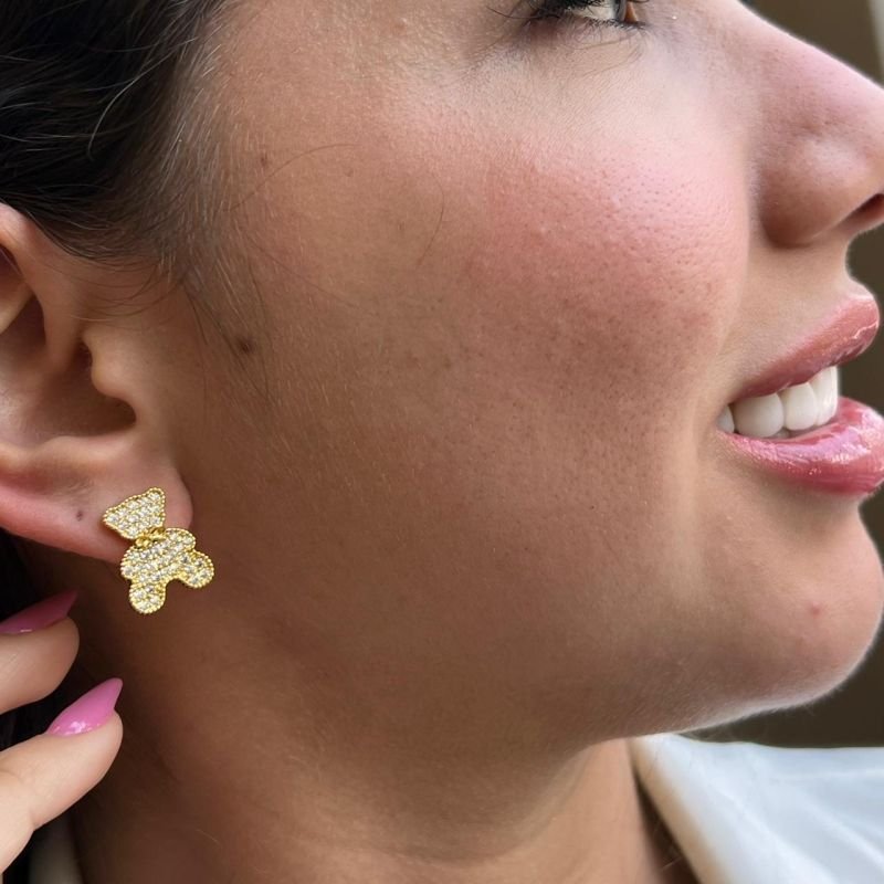 Brinco Urso Cravejado Banho Ouro 18k/Prata 925