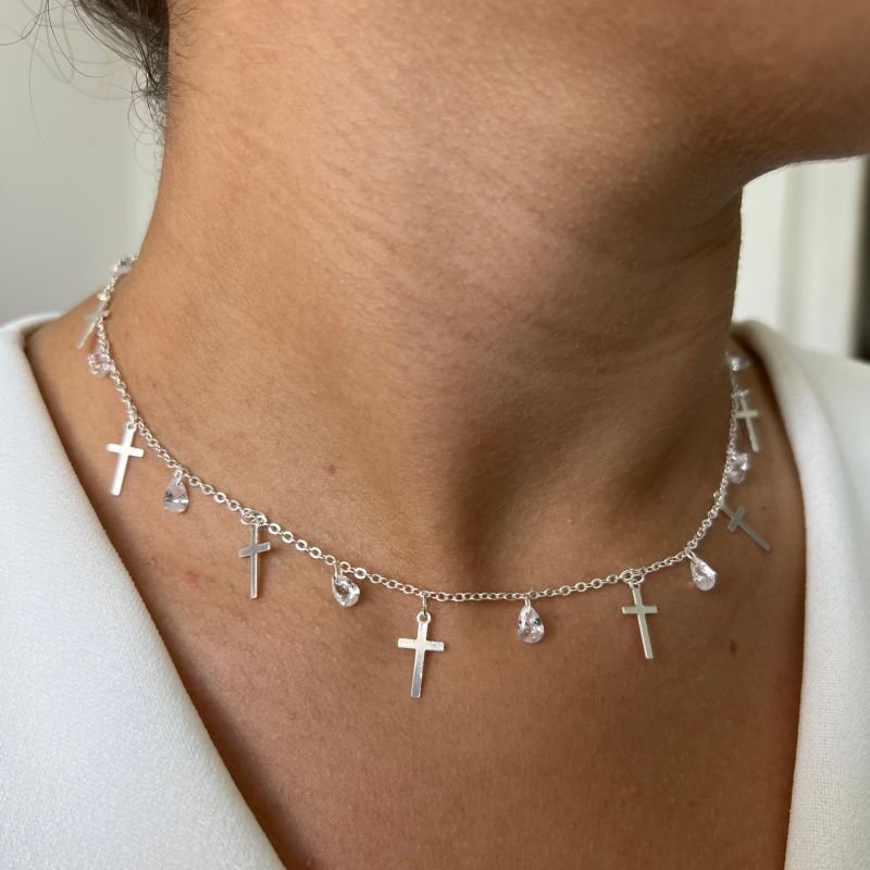 Choker Cruz Com Gota De Zircônia Banho Ouro 18k/Prata 925