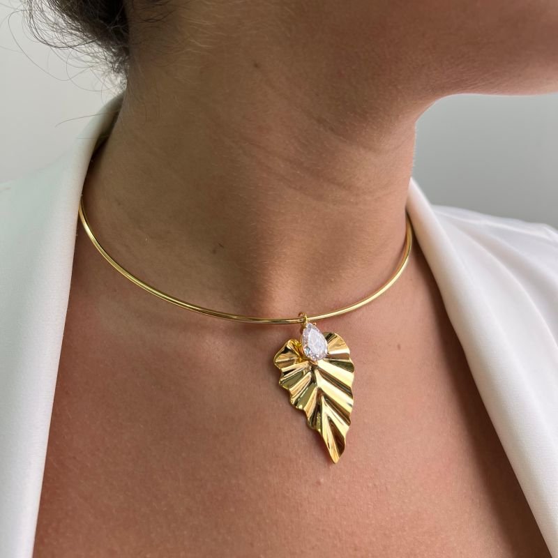 Choker Aro Folha Com Zircônia Banho Ouro 18k/Prata 925