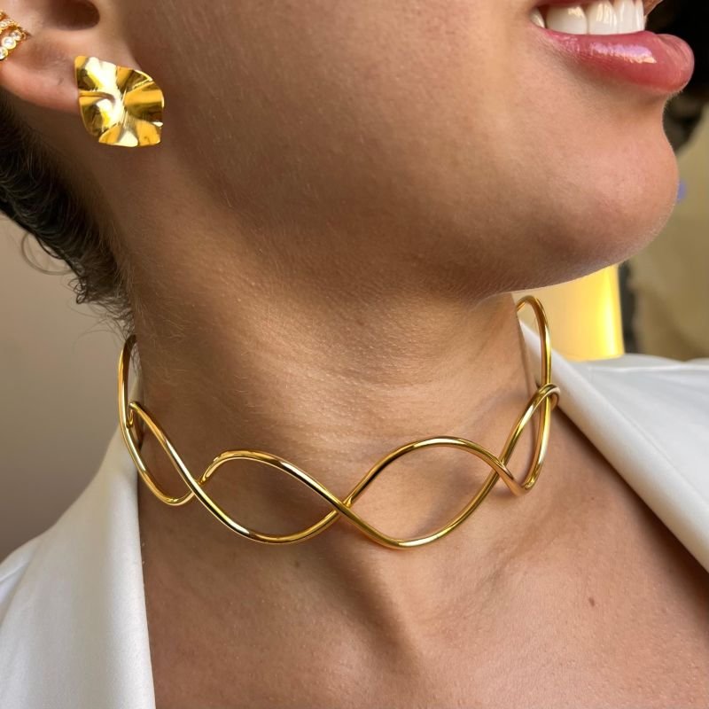 Choker Aro Cruzado Banho Ouro 18k/Prata 925