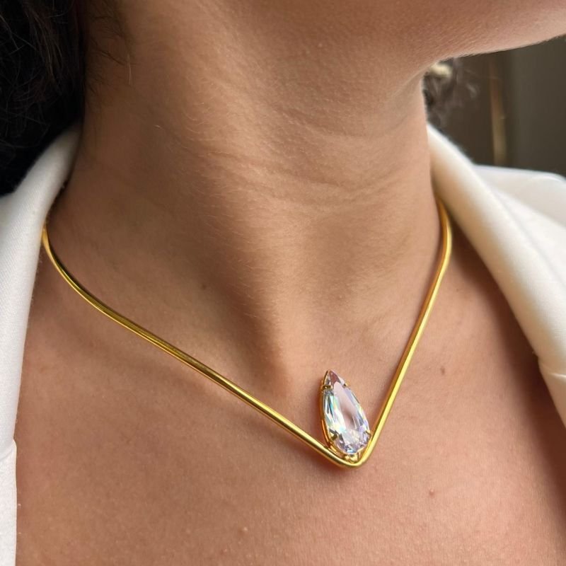 Choker Aro Gota Cristal Banho Ouro 18k/Prata 925