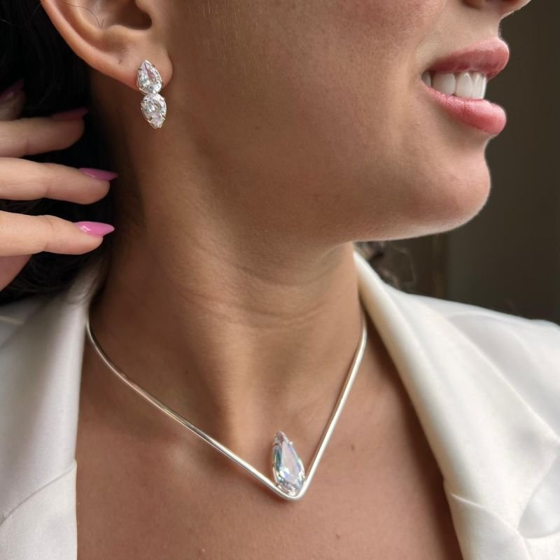 Choker Aro Gota Cristal Banho Ouro 18k/Prata 925