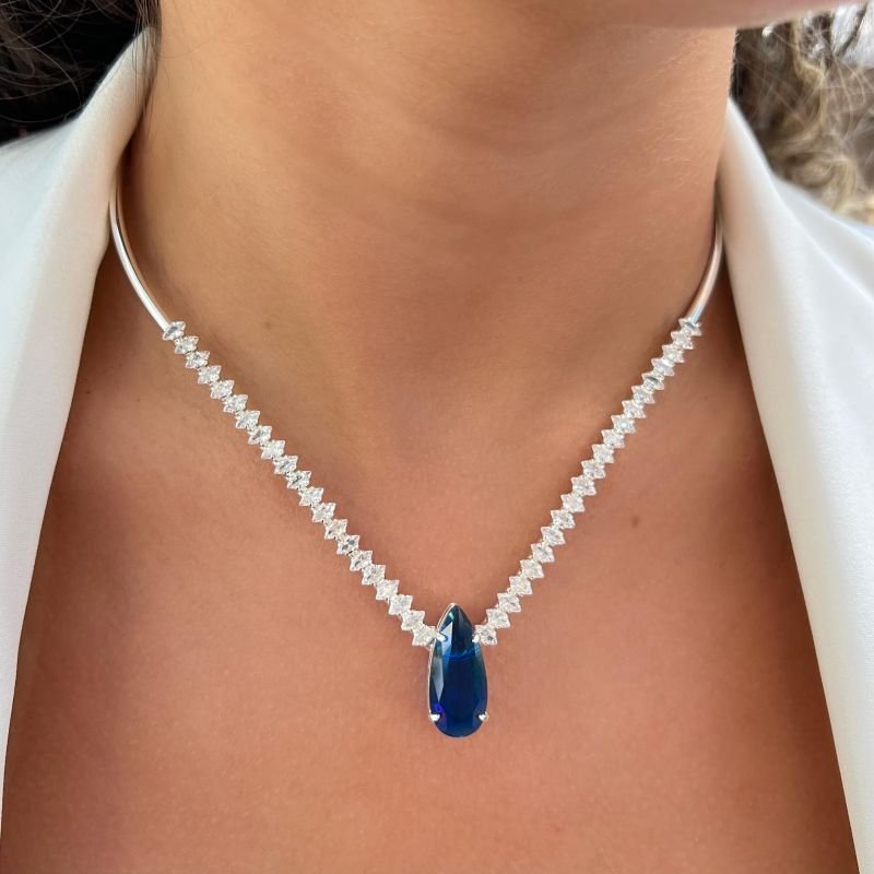 Choker Aro Zircônia Navete Azul Banho Ouro 18k/Prata 925