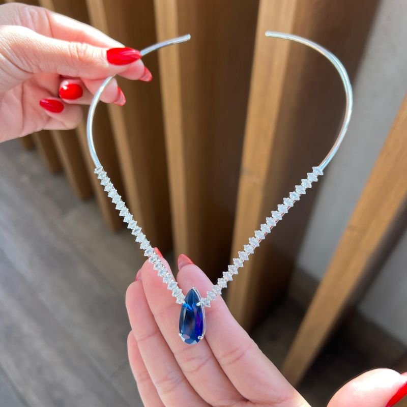 Choker Aro Zircônia Navete Azul Banho Ouro 18k/Prata 925