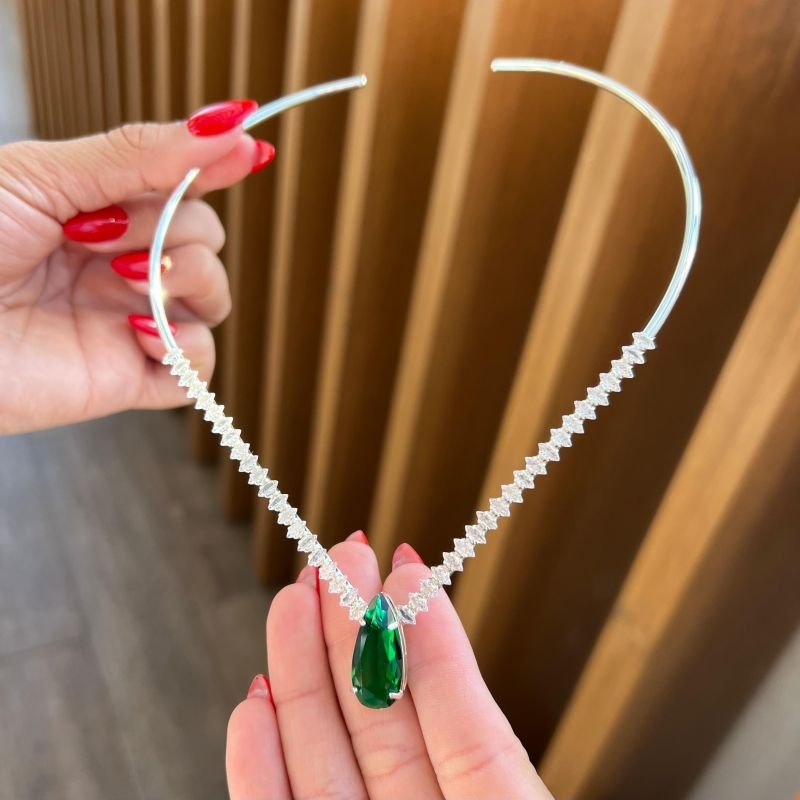 Choker Aro Zircônia Navete Verde Banho Ouro 18k/Prata 925