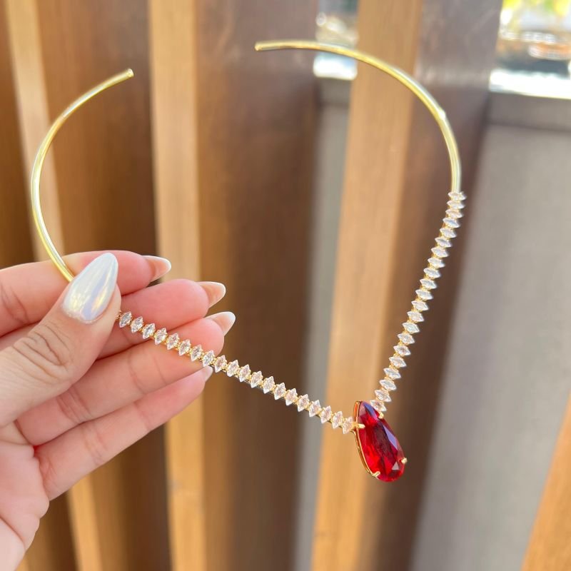 Choker Aro Zircônia Navete Vermelho Banho Ouro 18k