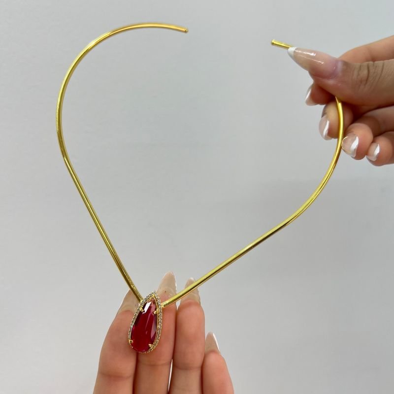 Choker Aro Zircônia Vermelho Banho Ouro 18k