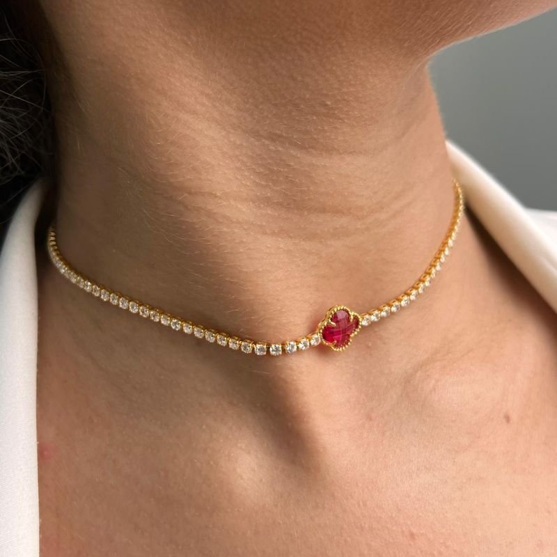 Choker Cravejada c/Trevo Banho Ouro 18k