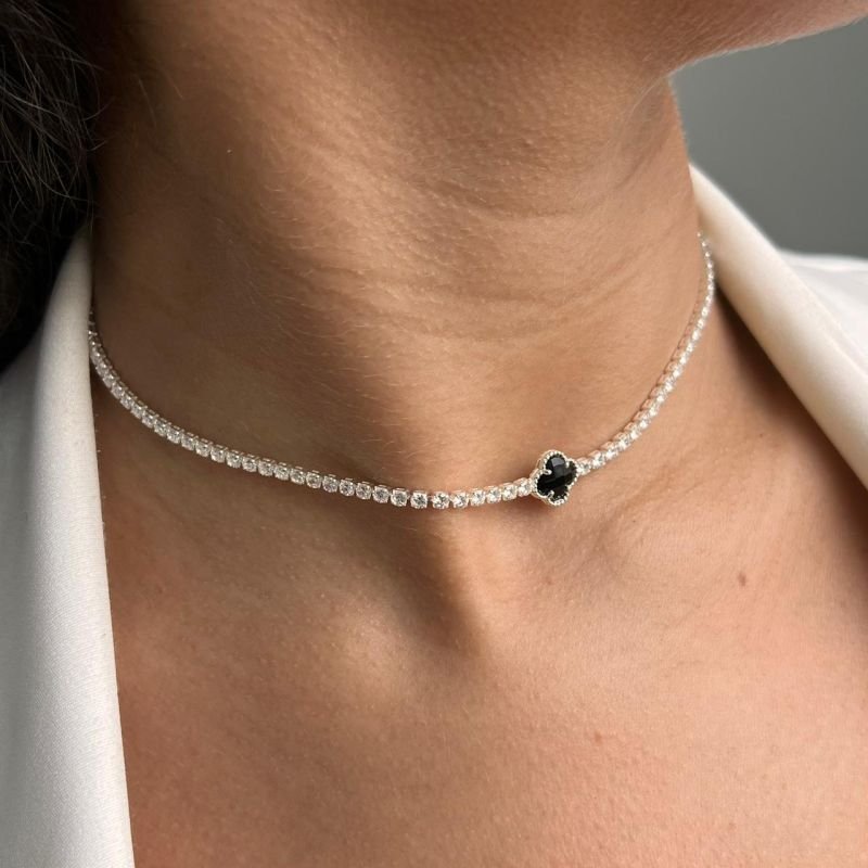 Choker Cravejada c/Trevo Banho Prata 925