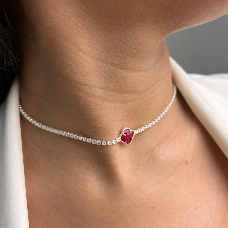 Choker Cravejada c/Trevo Banho Prata 925