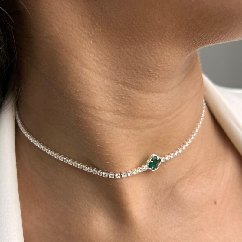 Choker Cravejada c/Trevo Banho Prata 925