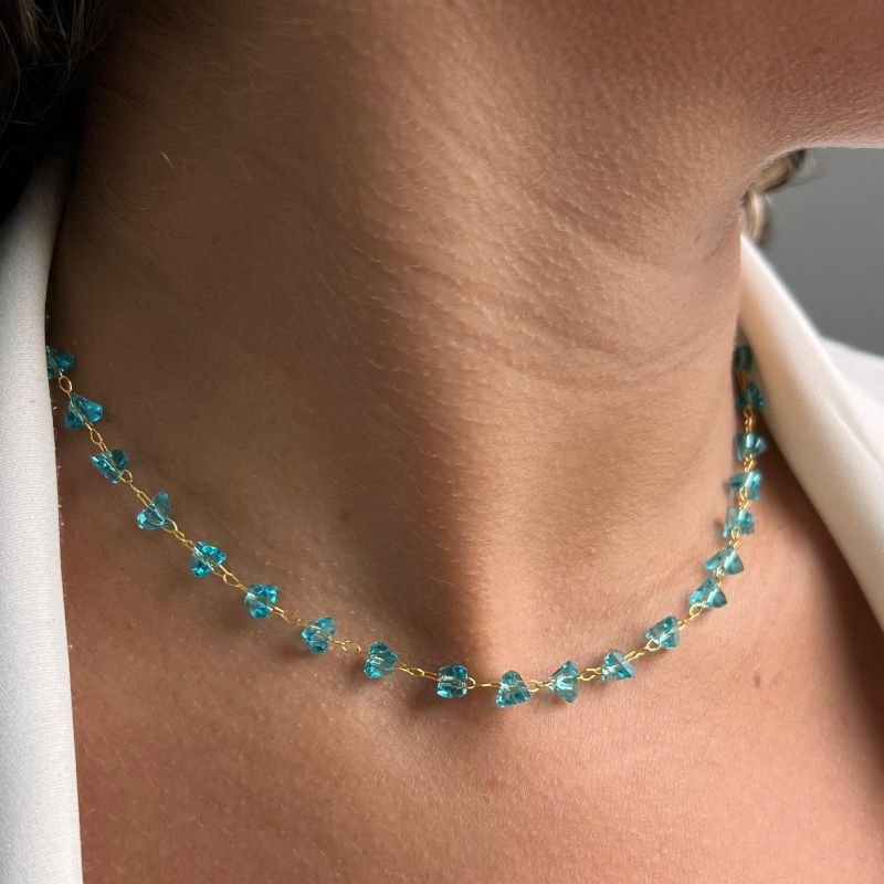 Choker Cristal Azul Banho Ouro 18k/Prata 925