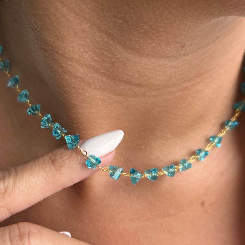 Choker Cristal Azul Banho Ouro 18k/Prata 925