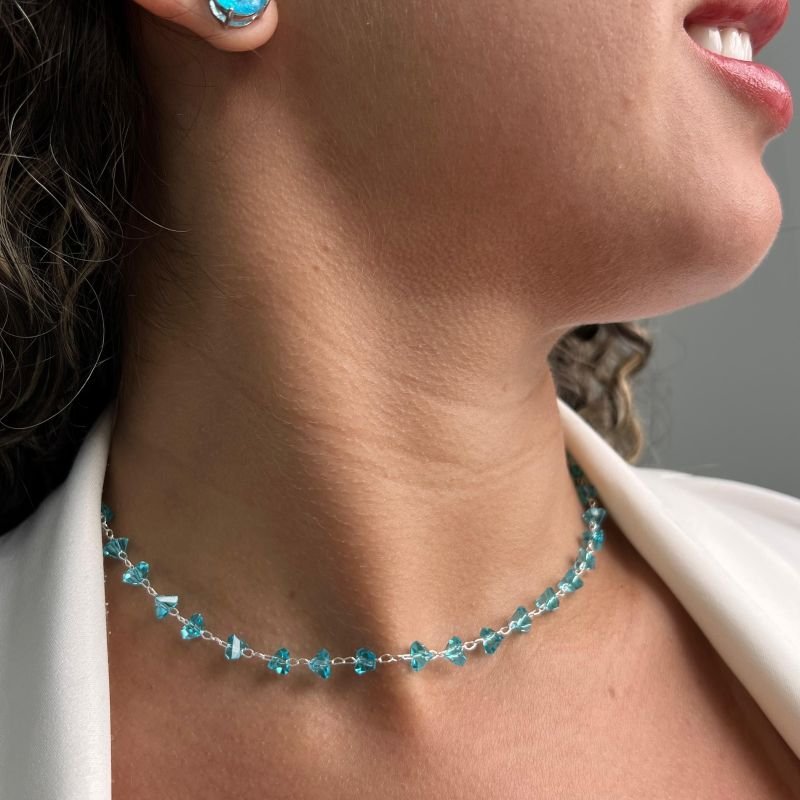 Choker Cristal Azul Banho Ouro 18k/Prata 925