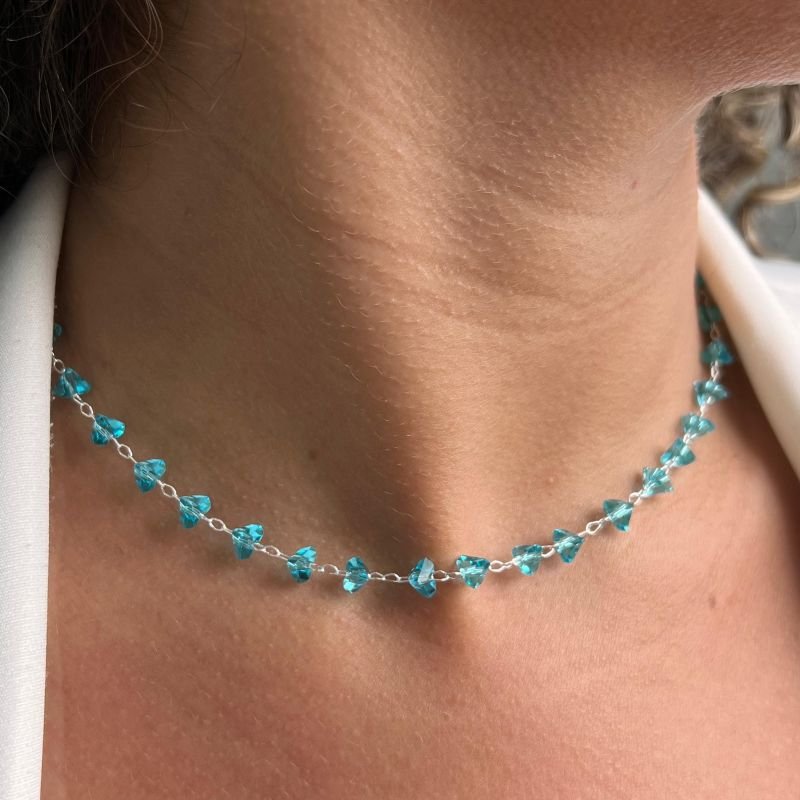 Choker Cristal Azul Banho Ouro 18k/Prata 925