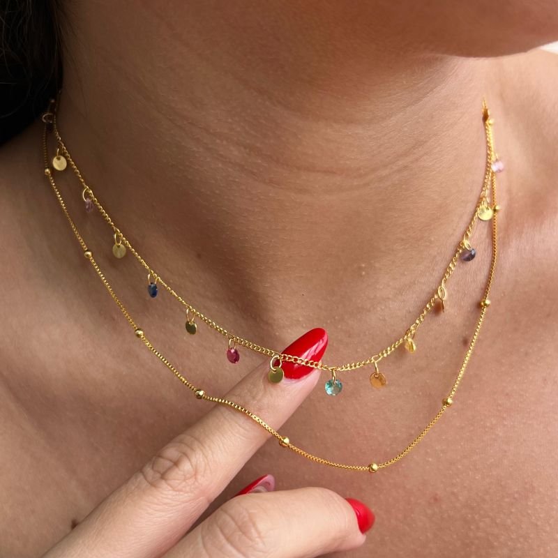 Choker Duas Voltas c/ Zirconia Multicor Banho Ouro18k/Prata 925