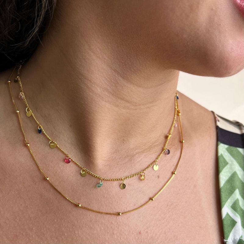 Choker Duas Voltas c/ Zirconia Multicor Banho Ouro18k/Prata 925