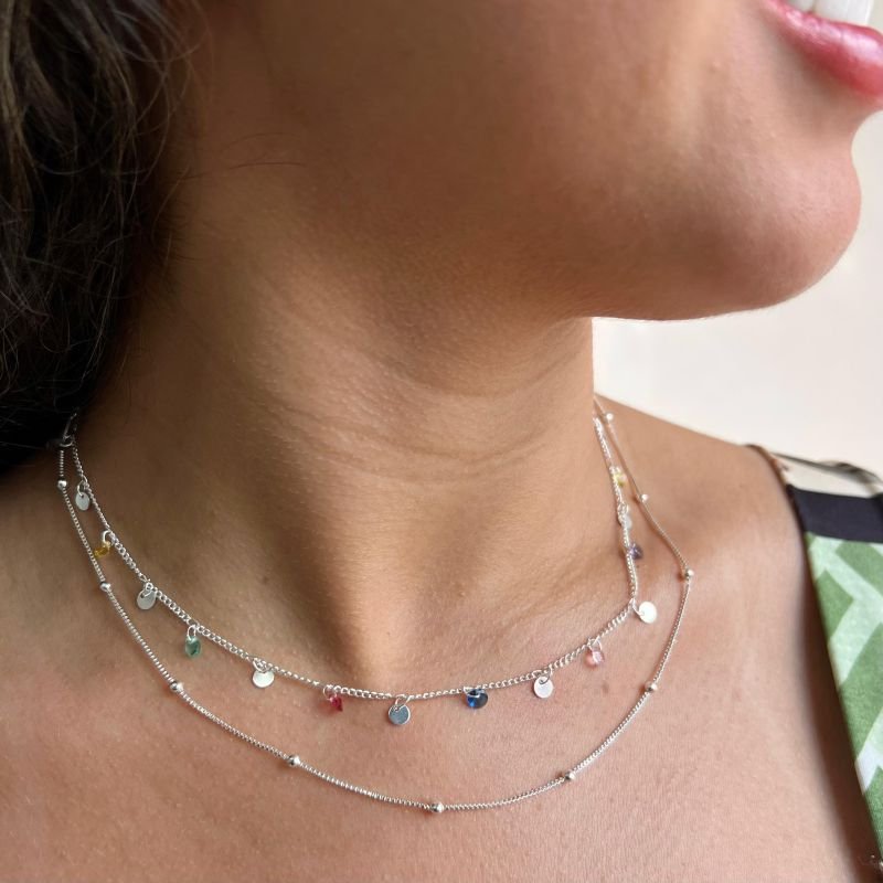 Choker Duas Voltas c/ Zirconia Multicor Banho Ouro18k/Prata 925