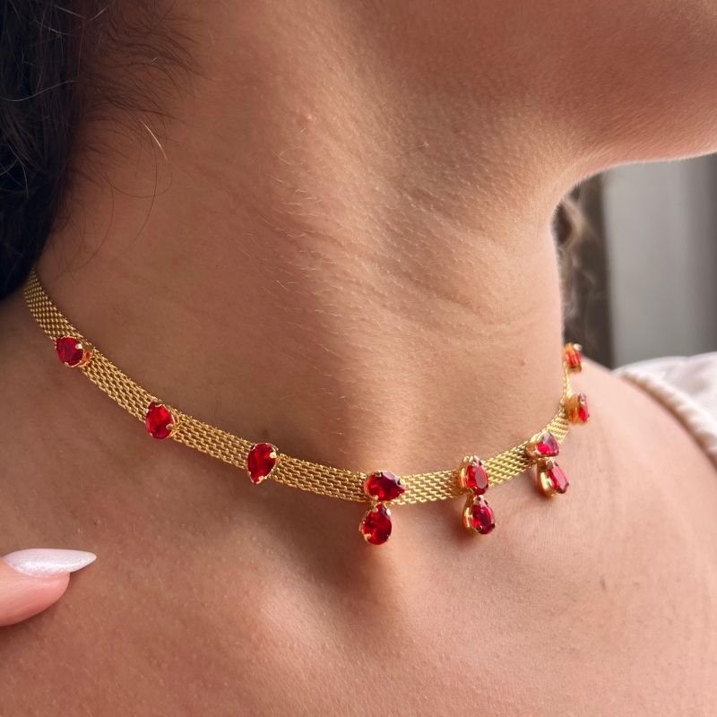 Choker Esteira c/ Gotas Banho Ouro 18k