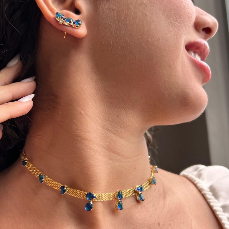 Choker Esteira c/ Gotas Banho Ouro 18k